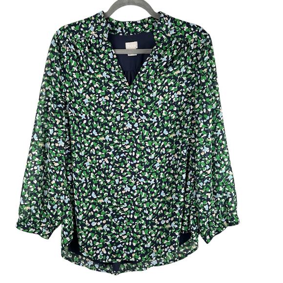 Chicos Splatter Blouse Size 1 M Green Blue Sheer Long Sleeve Lined Tunic Career - Picture 1 of 11